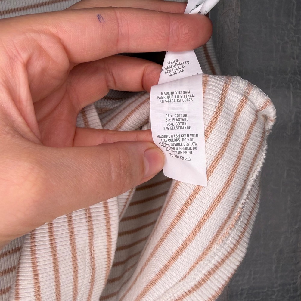 Aerie Striped Crop Tank Top Women Medium Tan White Excellent Ribbed High Neck - Picture 4 of 5